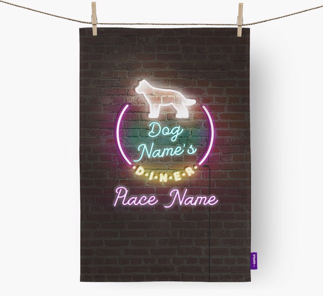 'Neon Lights Diner' - Personalised {breedFullName} Tea Towel 