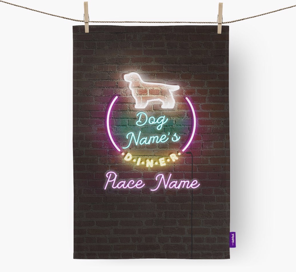 'Neon Lights Diner' - Personalised {breedFullName} Tea Towel 