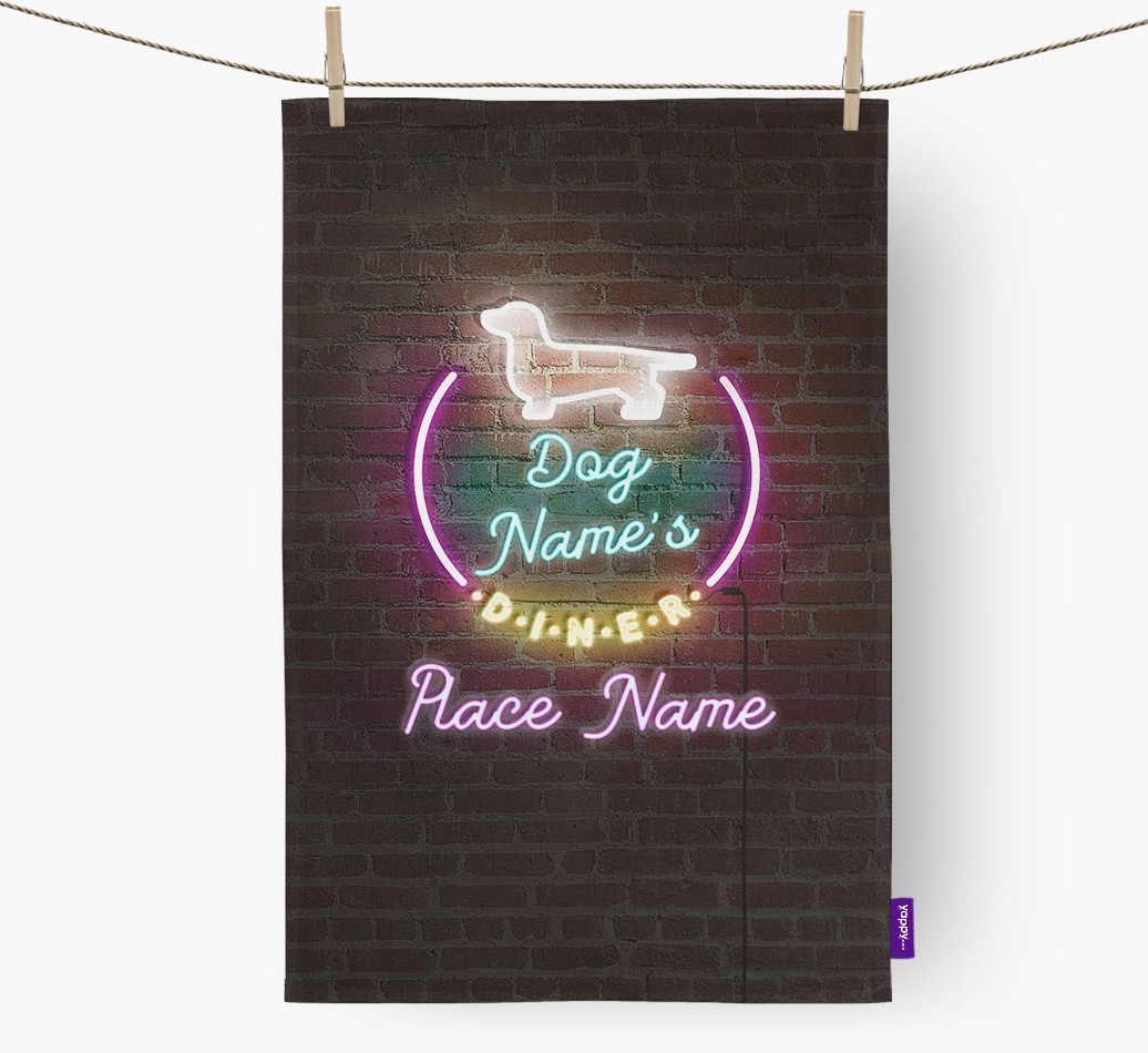 'Neon Lights Diner' - Personalised {breedFullName} Tea Towel 