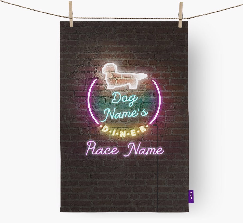 'Neon Lights Diner' - Personalised {breedFullName} Tea Towel 