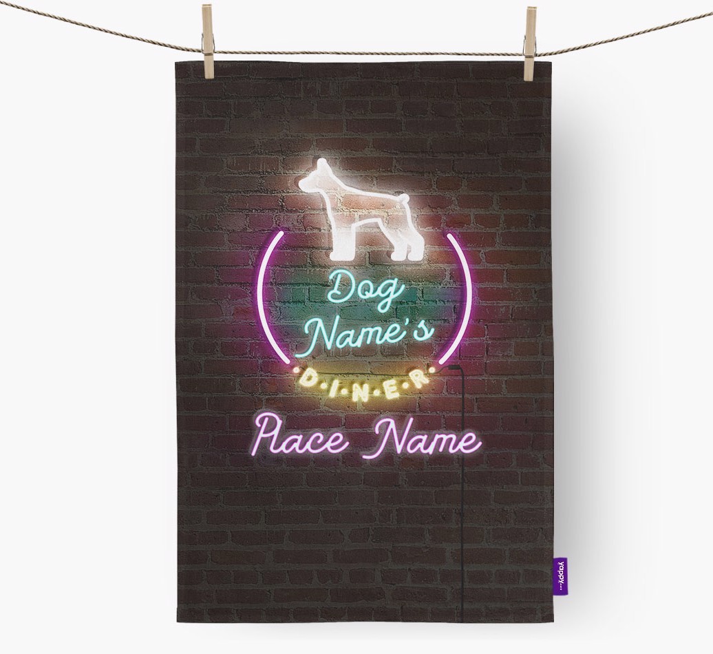 'Neon Lights Diner' - Personalised {breedFullName} Tea Towel 