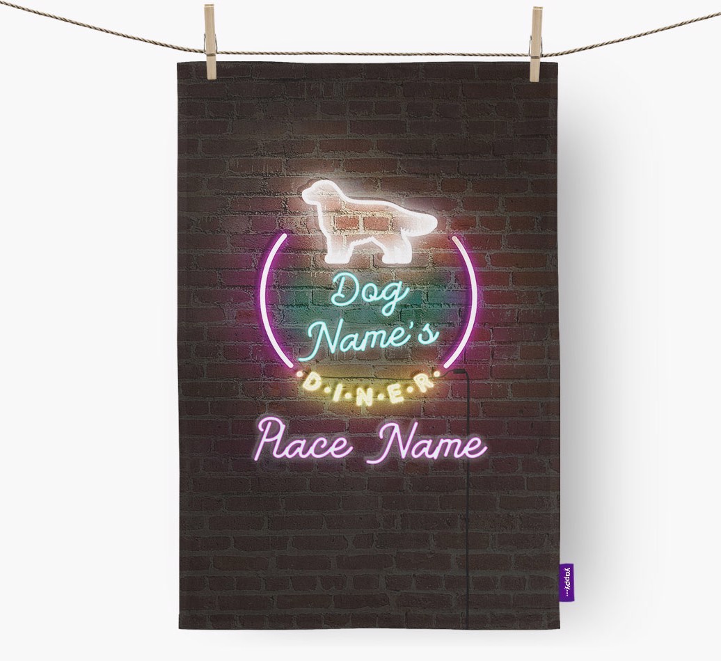 'Neon Lights Diner' - Personalised {breedFullName} Tea Towel 