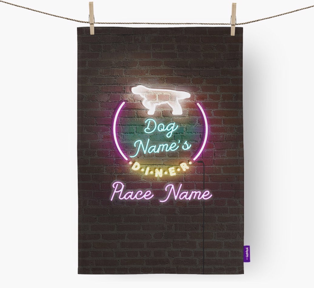 'Neon Lights Diner' - Personalised {breedFullName} Tea Towel 