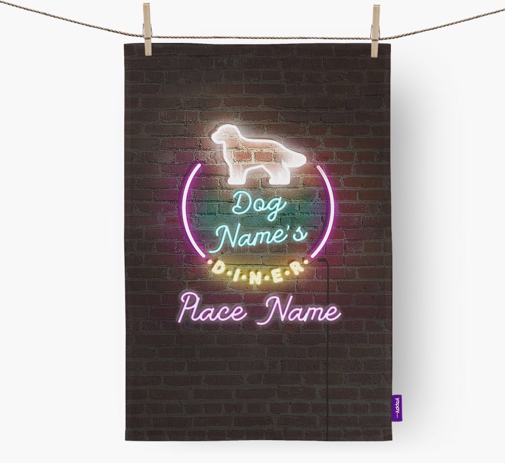 'Neon Lights Diner' - Personalised {breedFullName} Tea Towel 