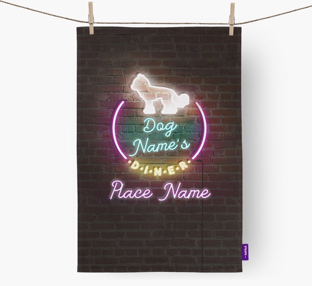 'Neon Lights Diner' - Personalised {breedFullName} Tea Towel 