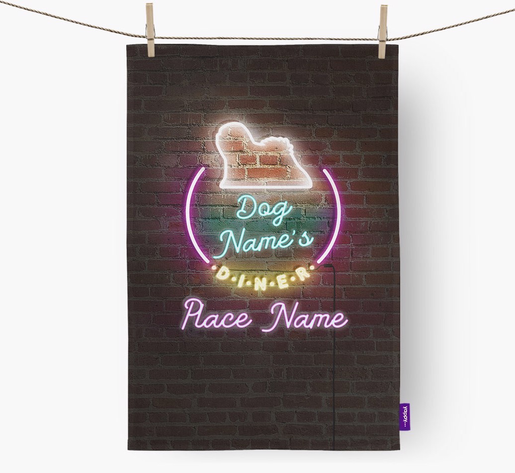 'Neon Lights Diner' - Personalised {breedFullName} Tea Towel 