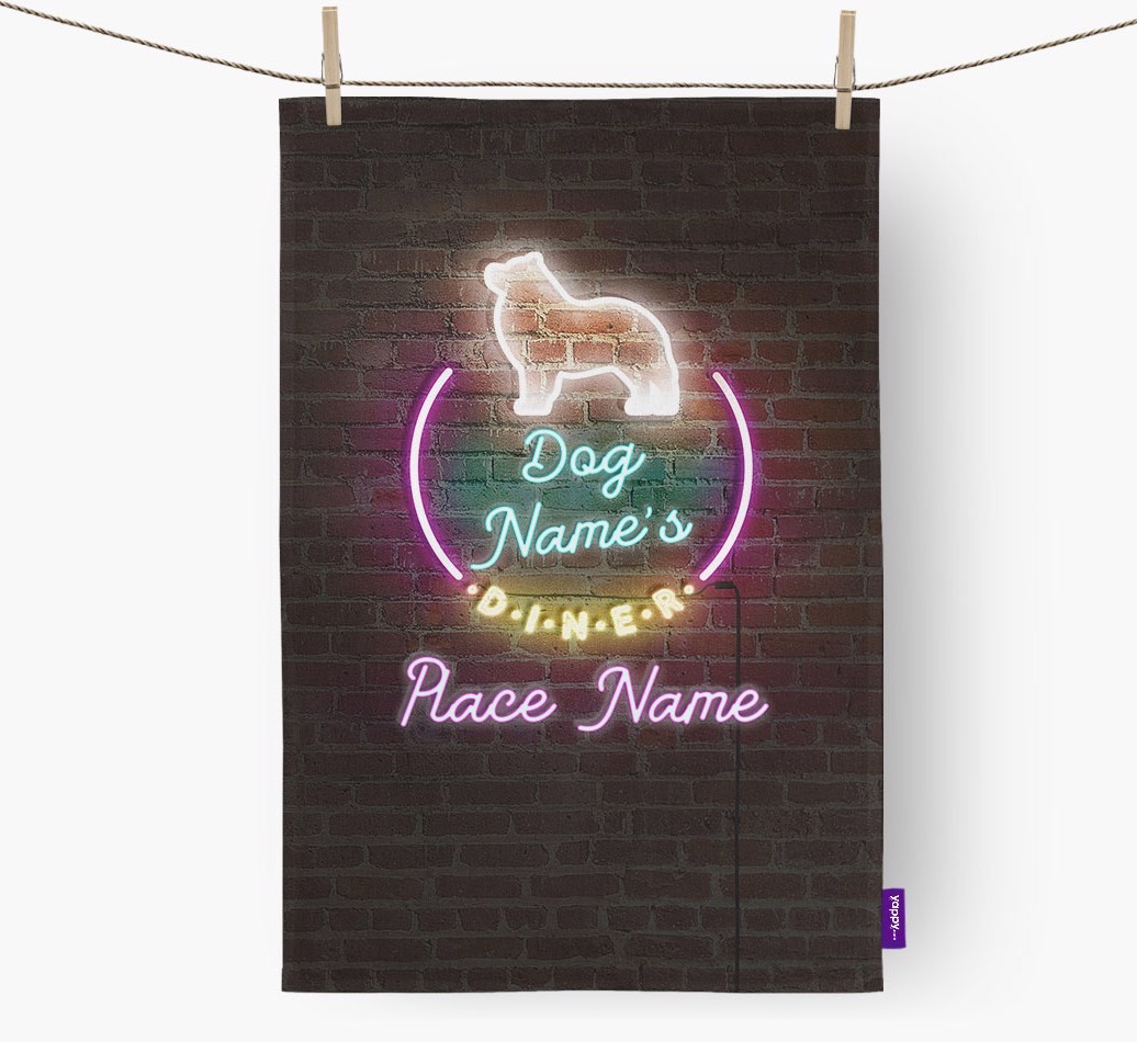 'Neon Lights Diner' - Personalised {breedFullName} Tea Towel 