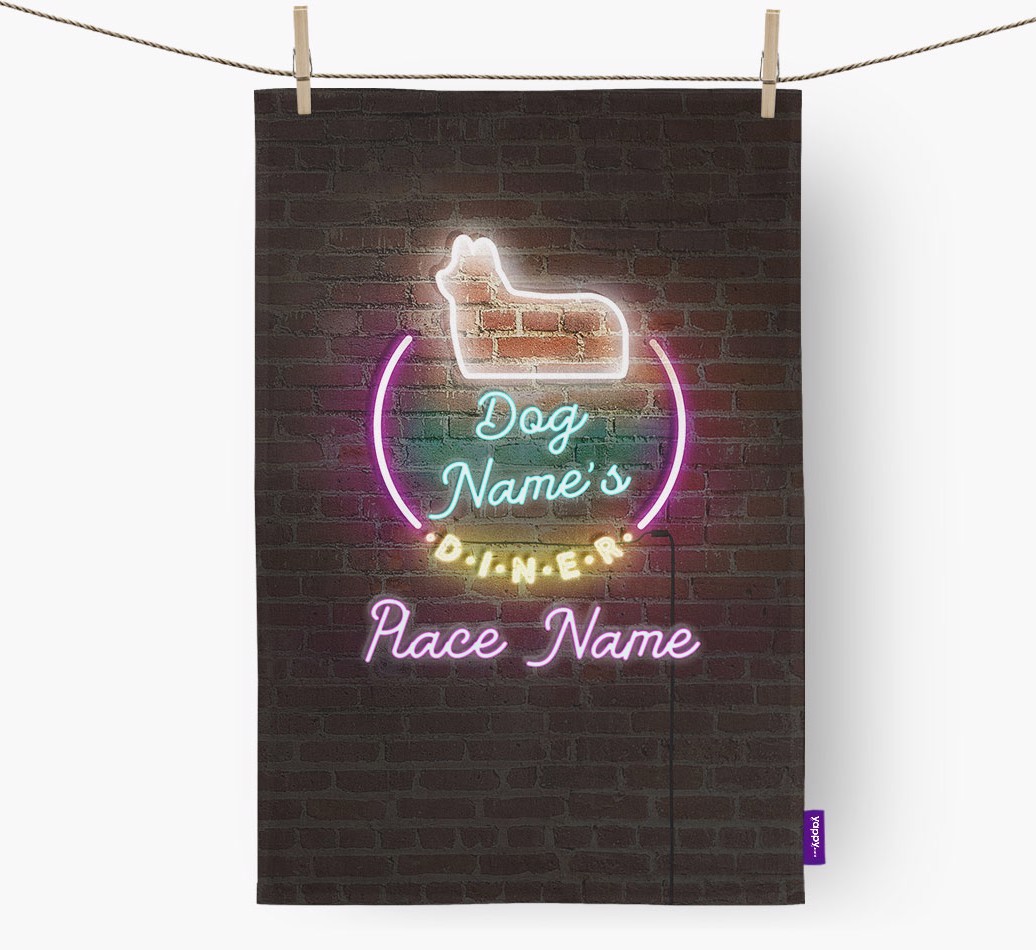'Neon Lights Diner' - Personalised {breedFullName} Tea Towel 