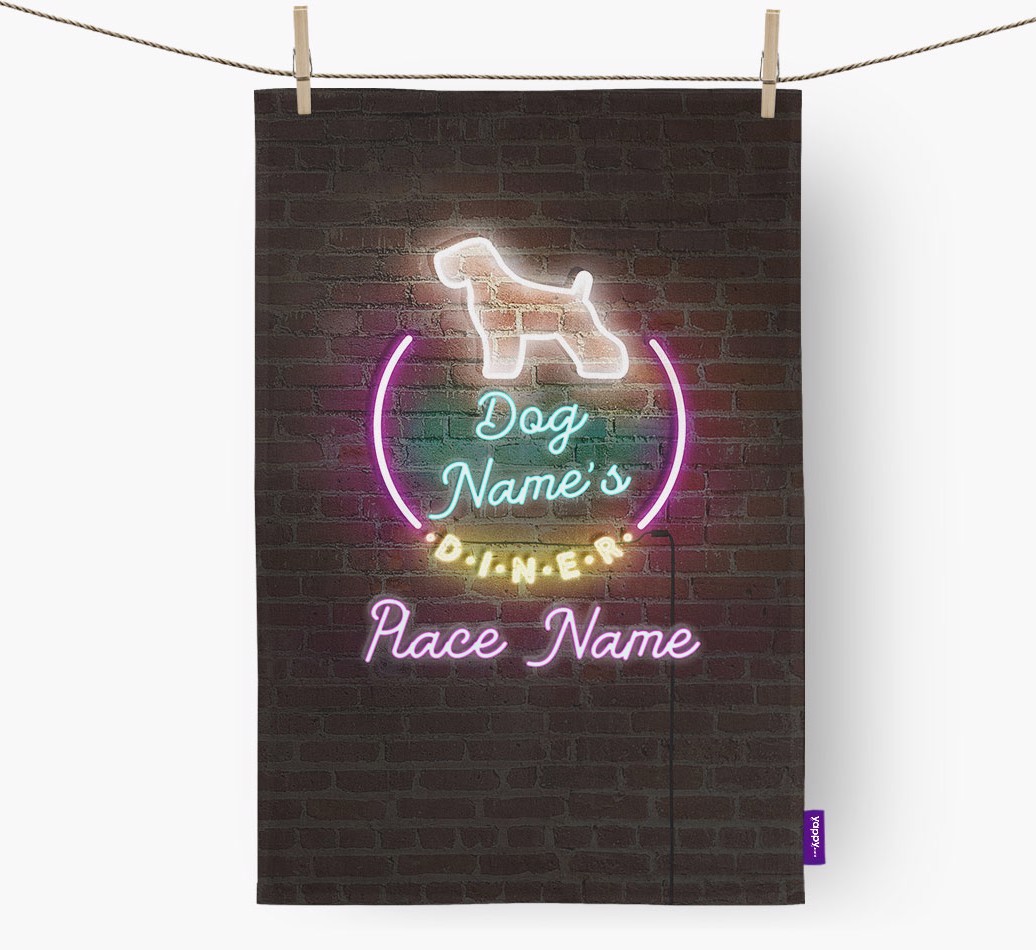 'Neon Lights Diner' - Personalised {breedFullName} Tea Towel 