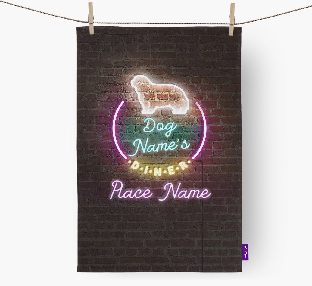 'Neon Lights Diner' - Personalised {breedFullName} Tea Towel 