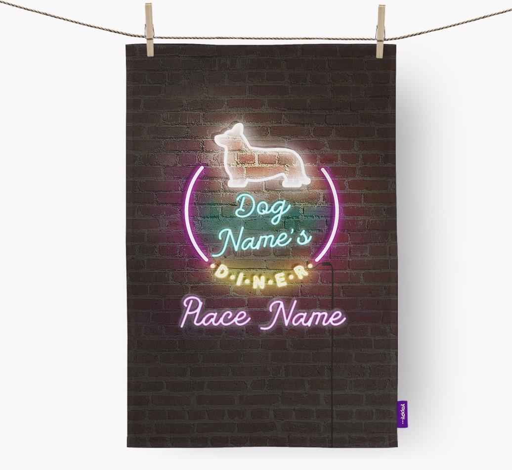 'Neon Lights Diner' - Personalized {breedFullName} Tea Towel 