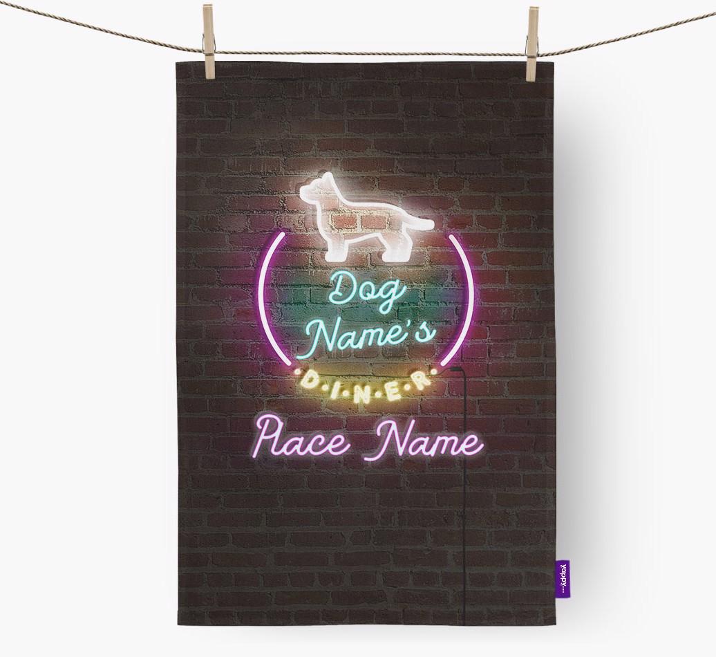 'Neon Lights Diner' - Personalized {breedFullName} Tea Towel 
