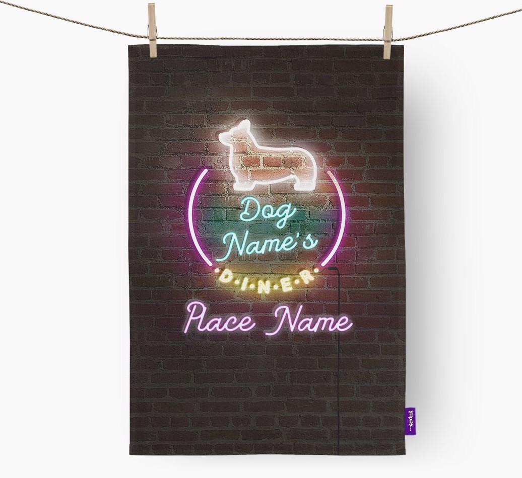'Neon Lights Diner' - Personalized {breedFullName} Tea Towel 