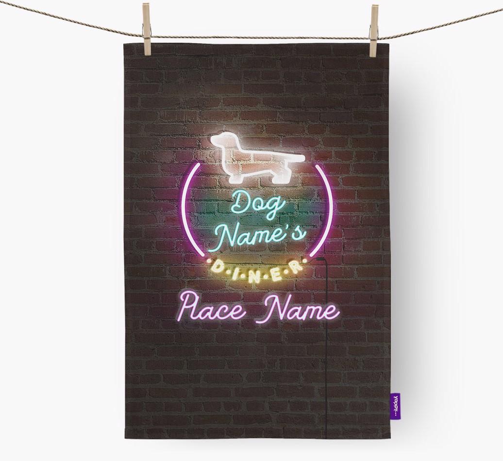 'Neon Lights Diner' - Personalized {breedFullName} Tea Towel 