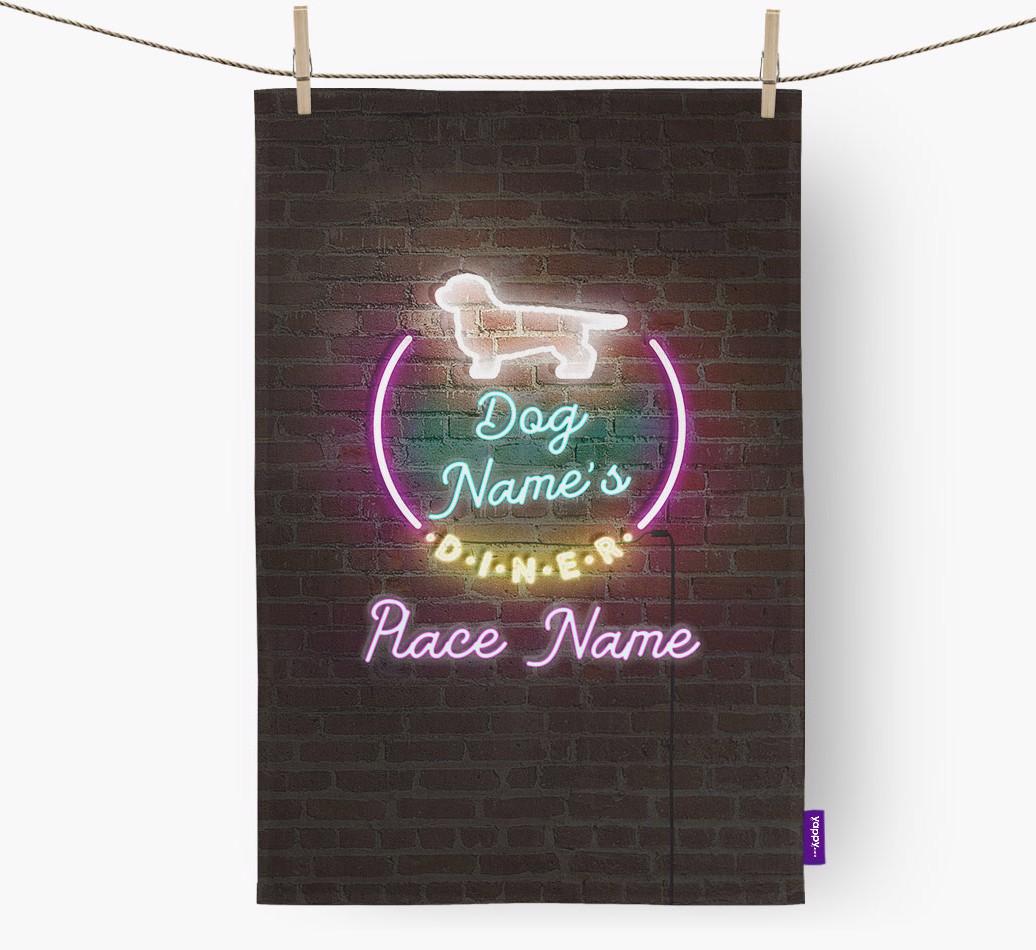 'Neon Lights Diner' - Personalized {breedFullName} Tea Towel 