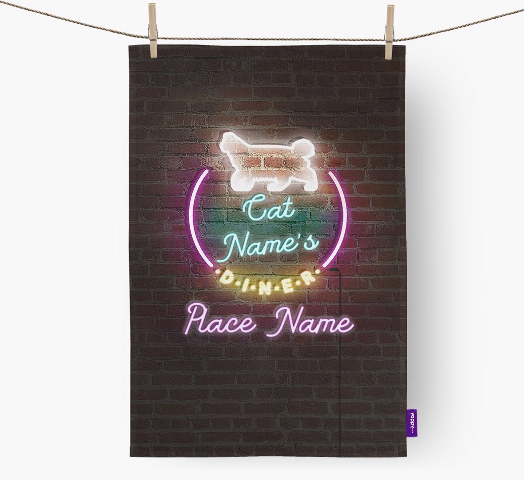 'Neon Lights Diner' - Personalised {breedFullName} Tea Towel 