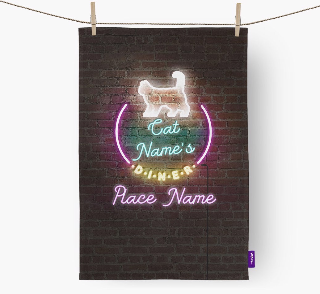'Neon Lights Diner' - Personalised {breedFullName} Tea Towel 