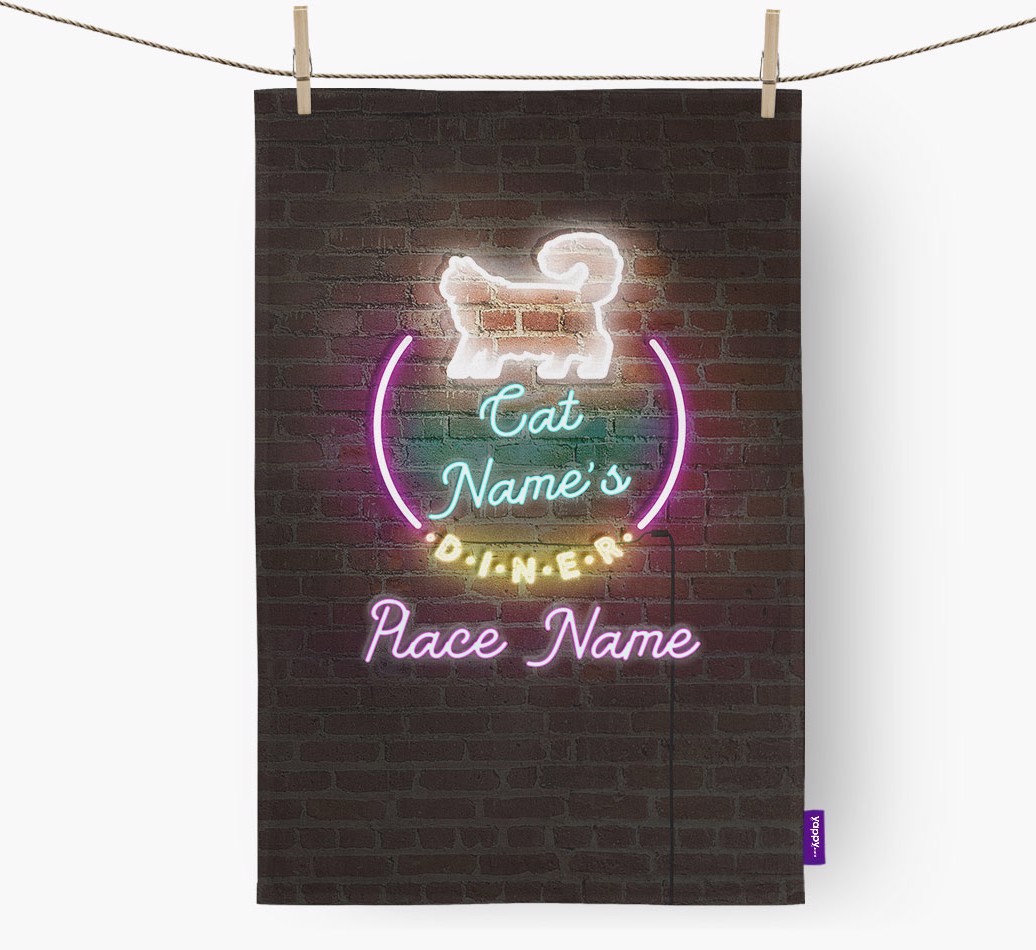 'Neon Lights Diner' - Personalised {breedFullName} Tea Towel 