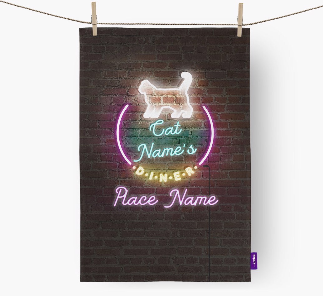 'Neon Lights Diner' - Personalised {breedFullName} Tea Towel 