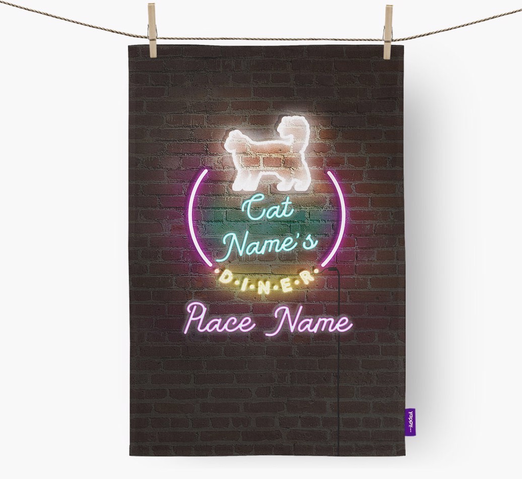 'Neon Lights Diner' - Personalised {breedFullName} Tea Towel 