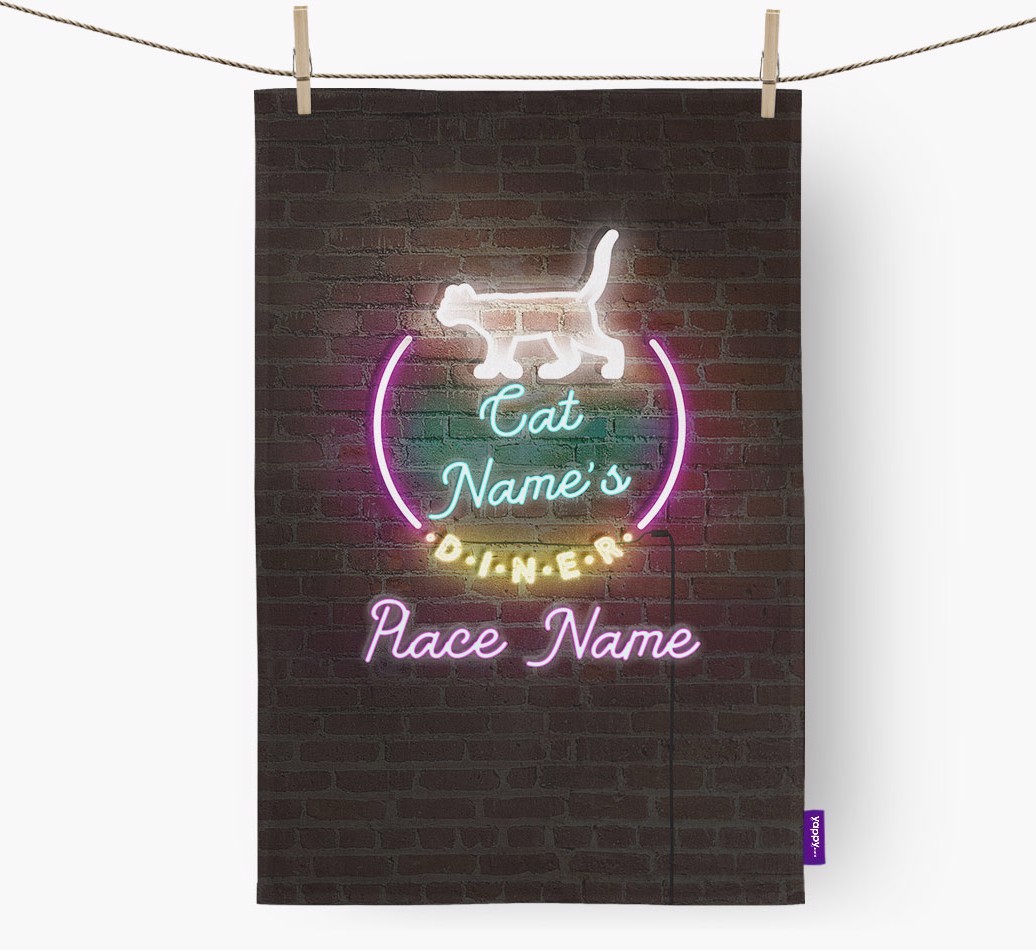 'Neon Lights Diner' - Personalised {breedFullName} Tea Towel 