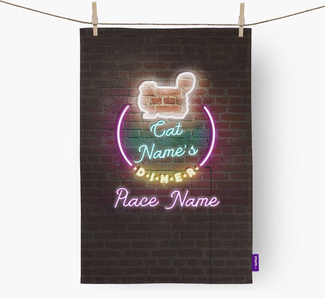 'Neon Lights Diner' - Personalised {breedFullName} Tea Towel 
