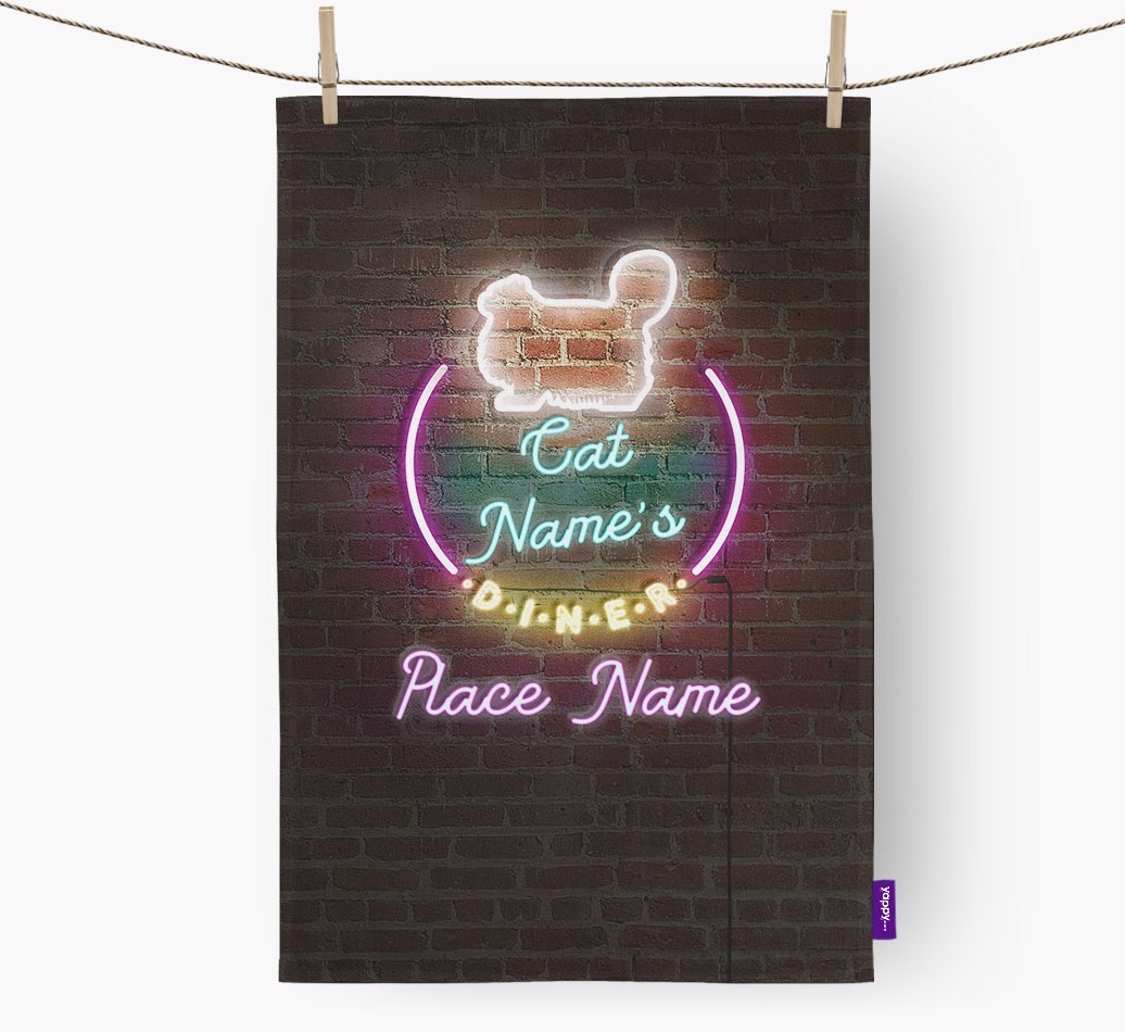 'Neon Lights Diner' - Personalised {breedFullName} Tea Towel 