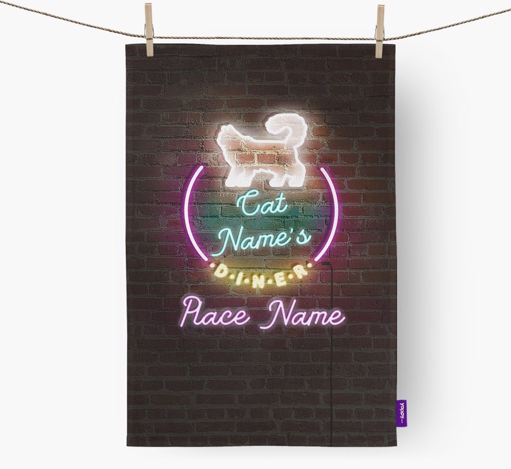 'Neon Lights Diner' - Personalised {breedFullName} Tea Towel 