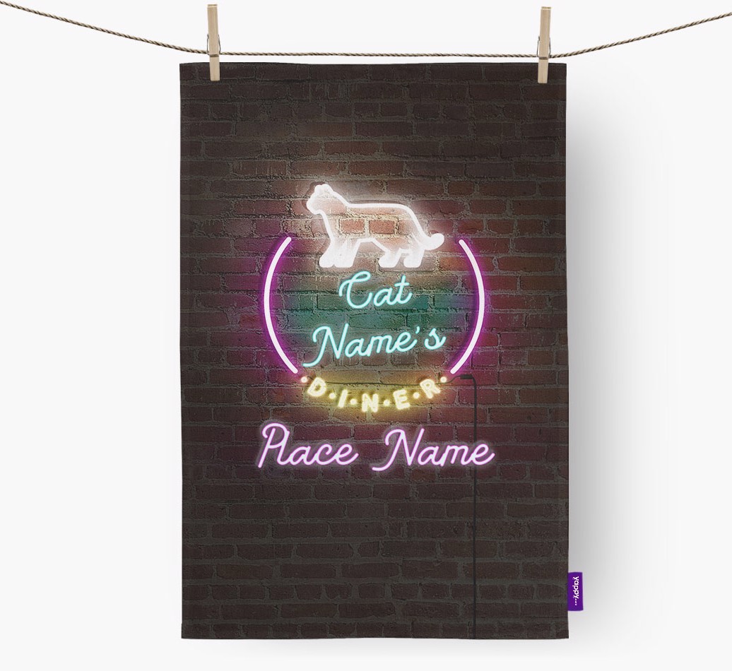 'Neon Lights Diner' - Personalised {breedFullName} Tea Towel 