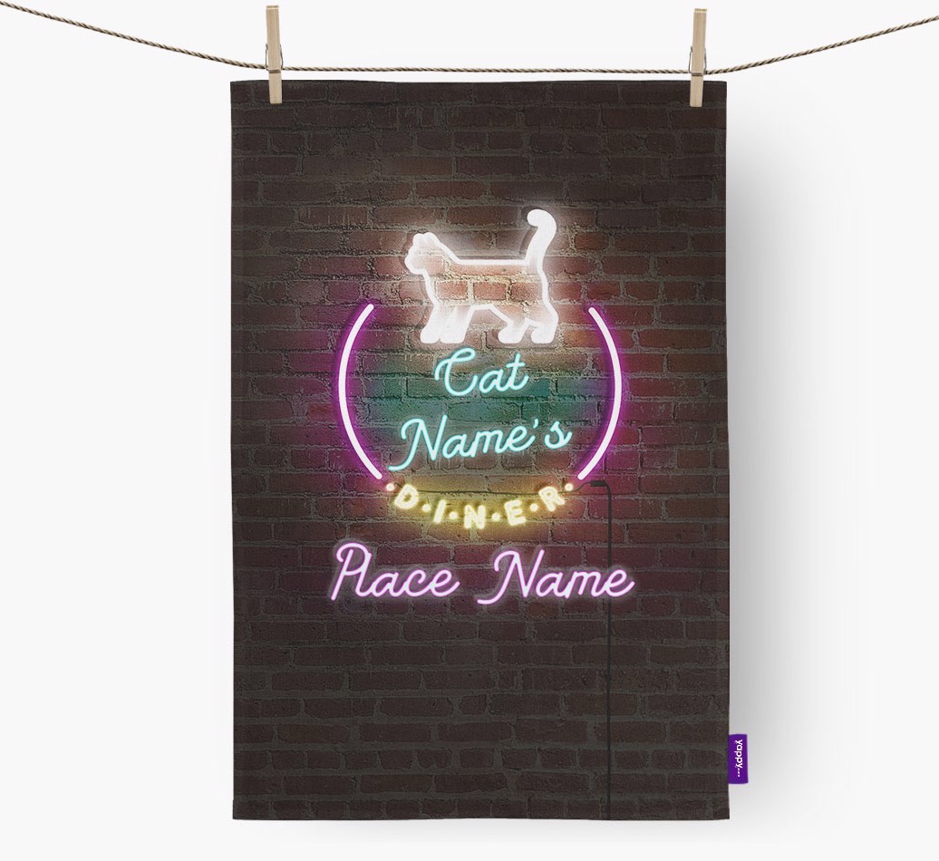 'Neon Lights Diner' - Personalised {breedFullName} Tea Towel 