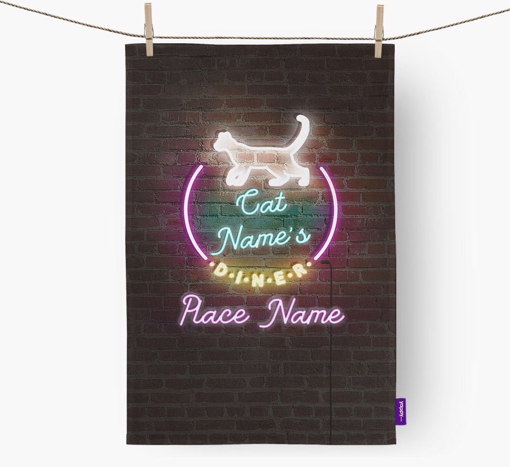 'Neon Lights Diner' - Personalised {breedFullName} Tea Towel 
