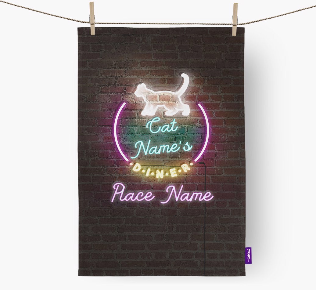 'Neon Lights Diner' - Personalised {breedFullName} Tea Towel 