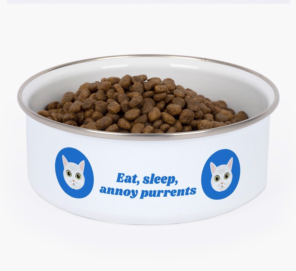 Eat, Sleep, Annoy Purrents: Personalised {breedCommonName} Enamel Cat Bowl