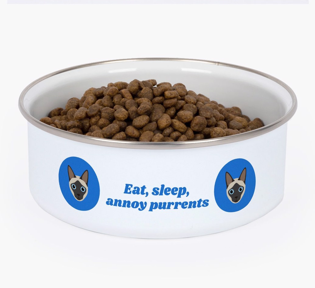 Eat, Sleep, Annoy Purrents: Personalised {breedCommonName} Enamel Cat Bowl