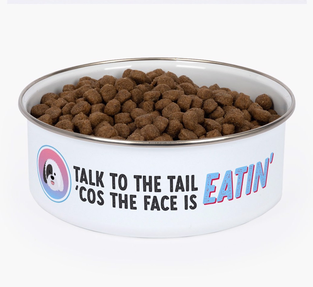 Talk To The Tail: Personalized {breedFullName} Enamel Dog Bowl