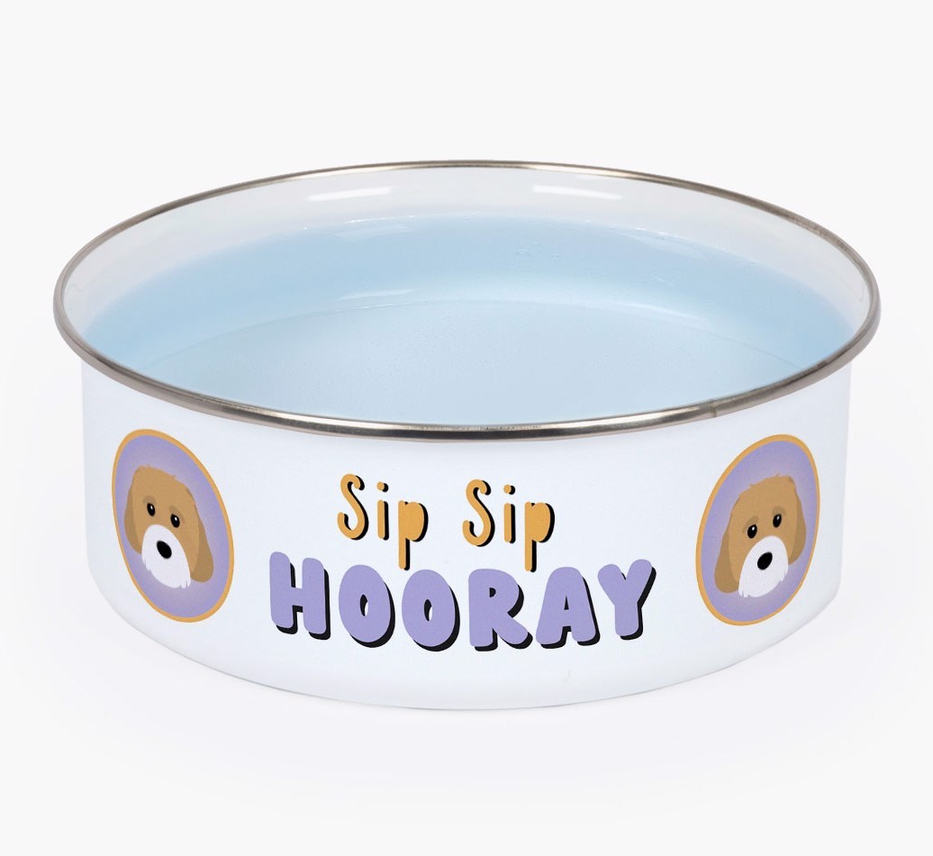 Sip Sip Hooray: Personalised {breedFullName} Enamel Dog Bowl
