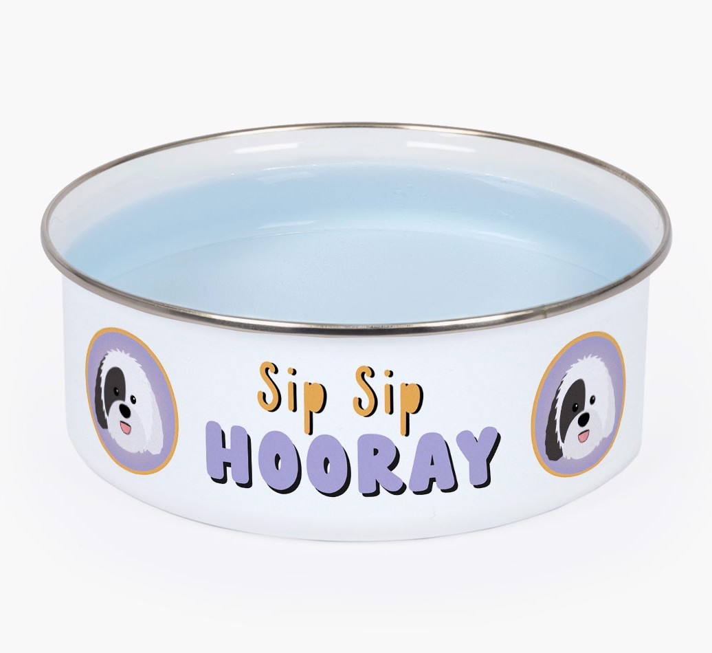 Sip Sip Hooray: Personalized {breedFullName} Enamel Dog Bowl