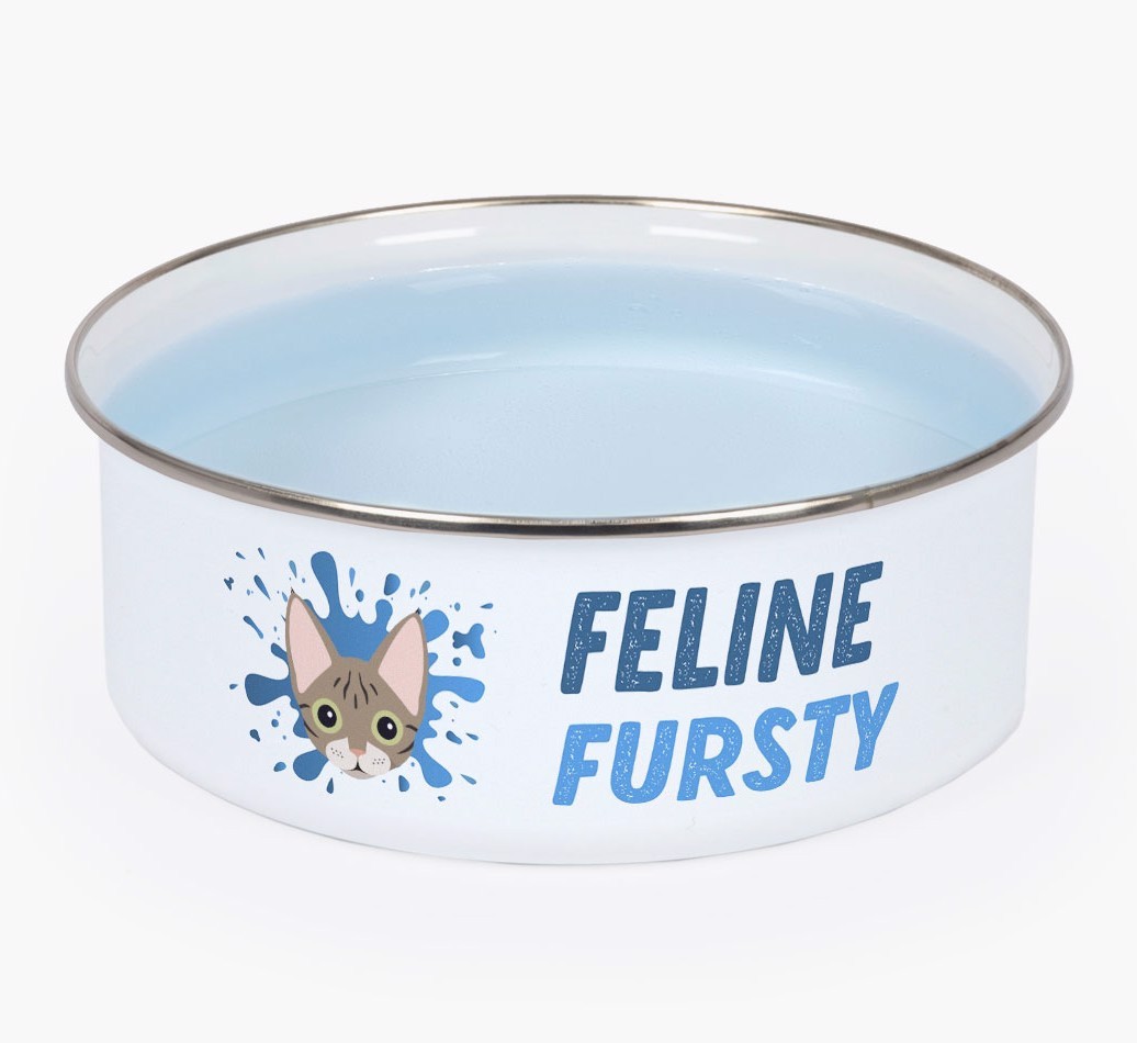 Feline Fursty: Personalised {breedCommonName} Enamel Cat Bowl