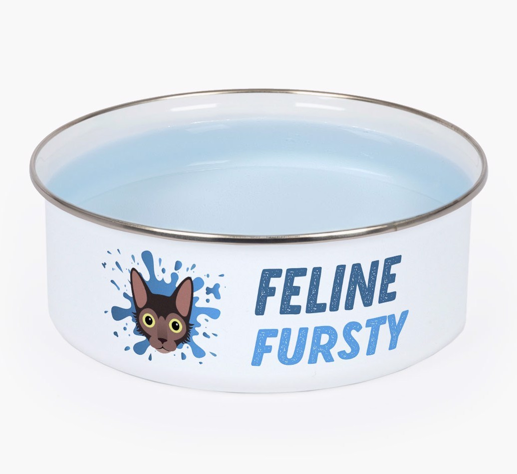 Feline Fursty: Personalised {breedCommonName} Enamel Cat Bowl