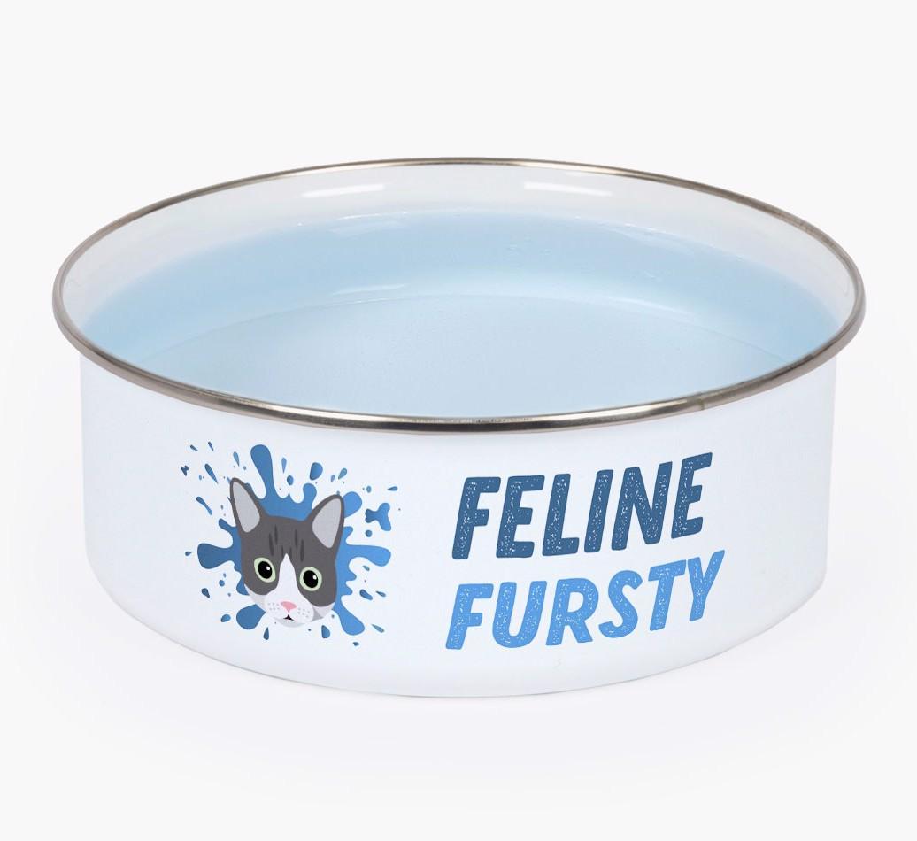 Feline Fursty: Personalised {breedCommonName} Enamel Cat Bowl