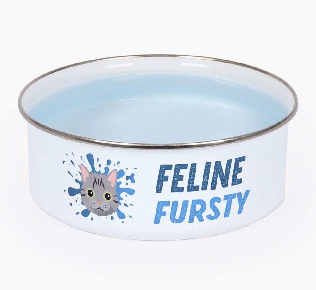 Feline Fursty: Personalised {breedCommonName} Enamel Cat Bowl