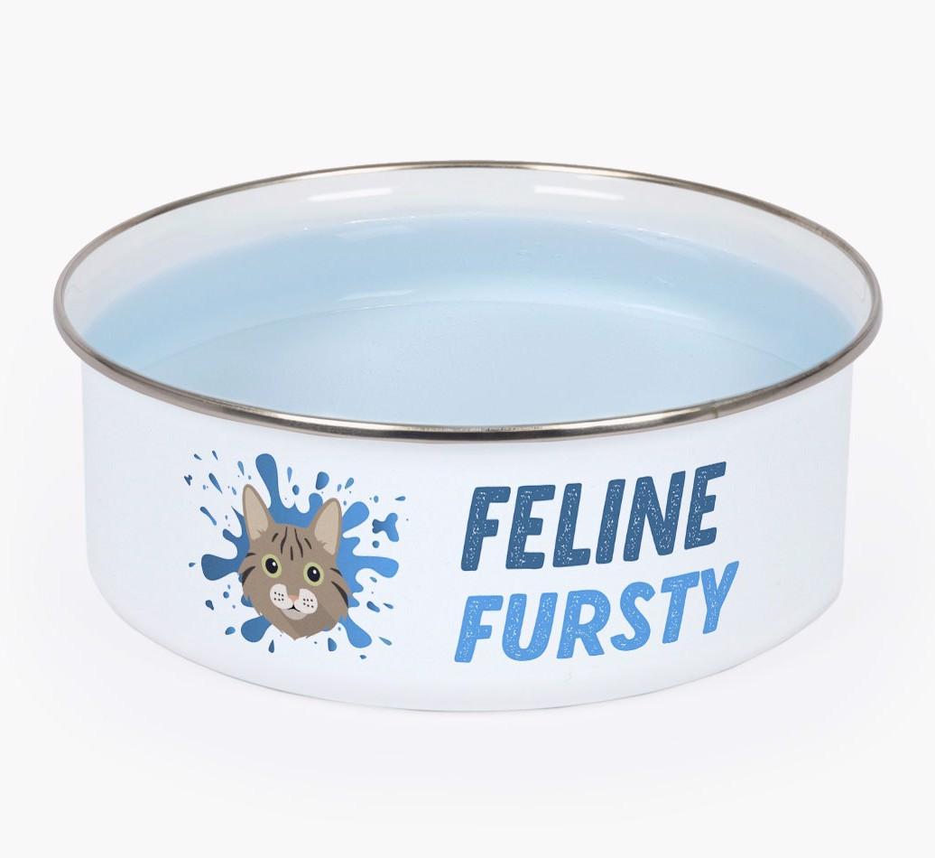 Feline Fursty: Personalised {breedCommonName} Enamel Cat Bowl
