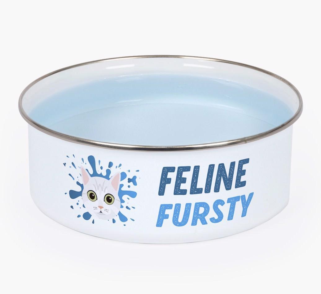 Feline Fursty: Personalised {breedCommonName} Enamel Cat Bowl