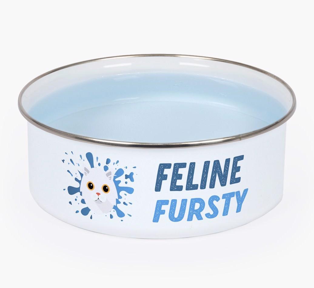Feline Fursty: Personalised {breedCommonName} Enamel Cat Bowl