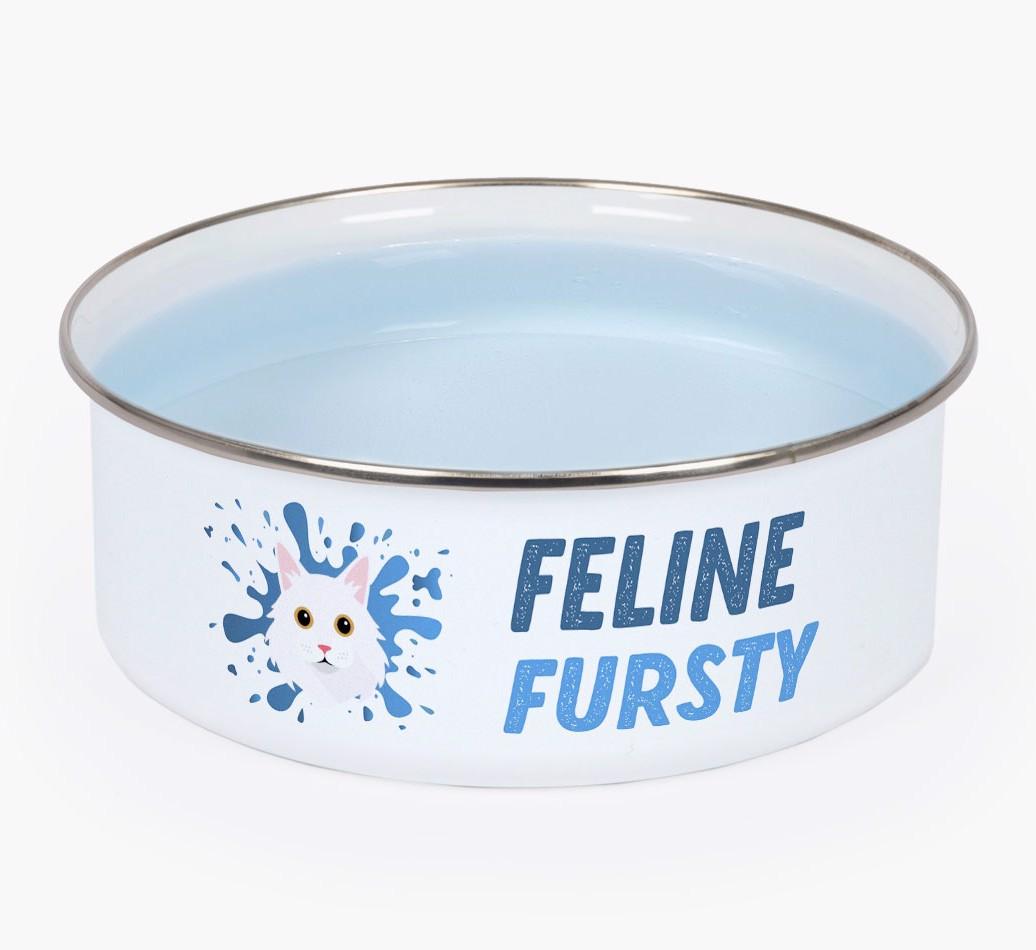Feline Fursty: Personalised {breedCommonName} Enamel Cat Bowl