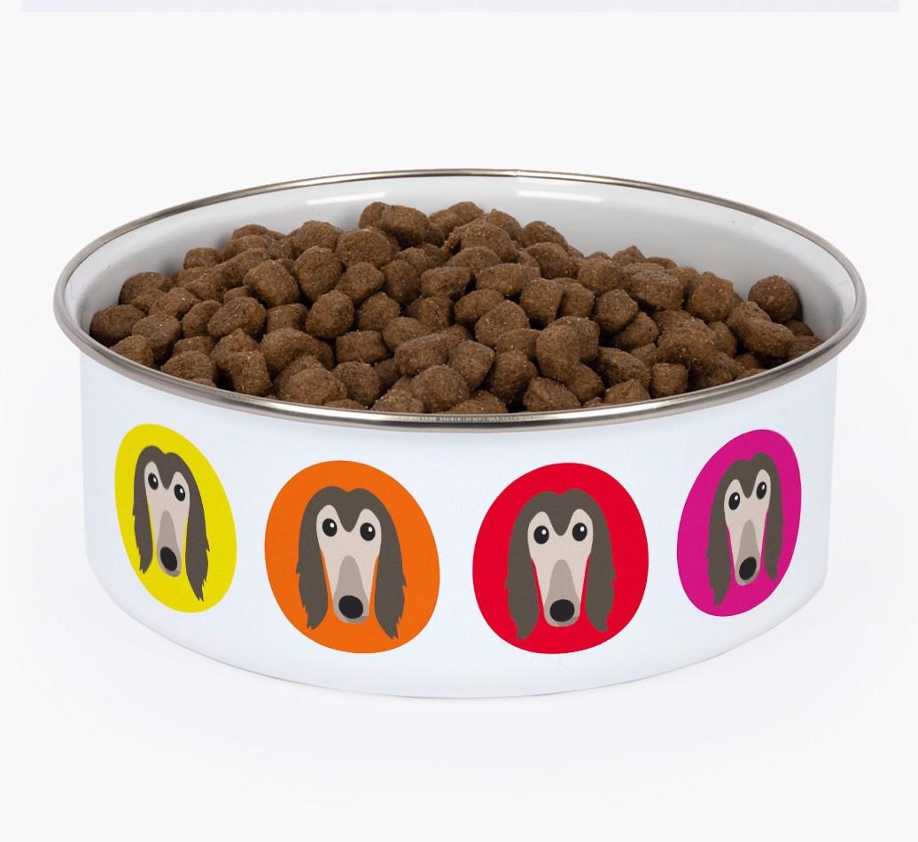 Colorful Icons: Personalized {breedFullName} Enamel Dog Bowl