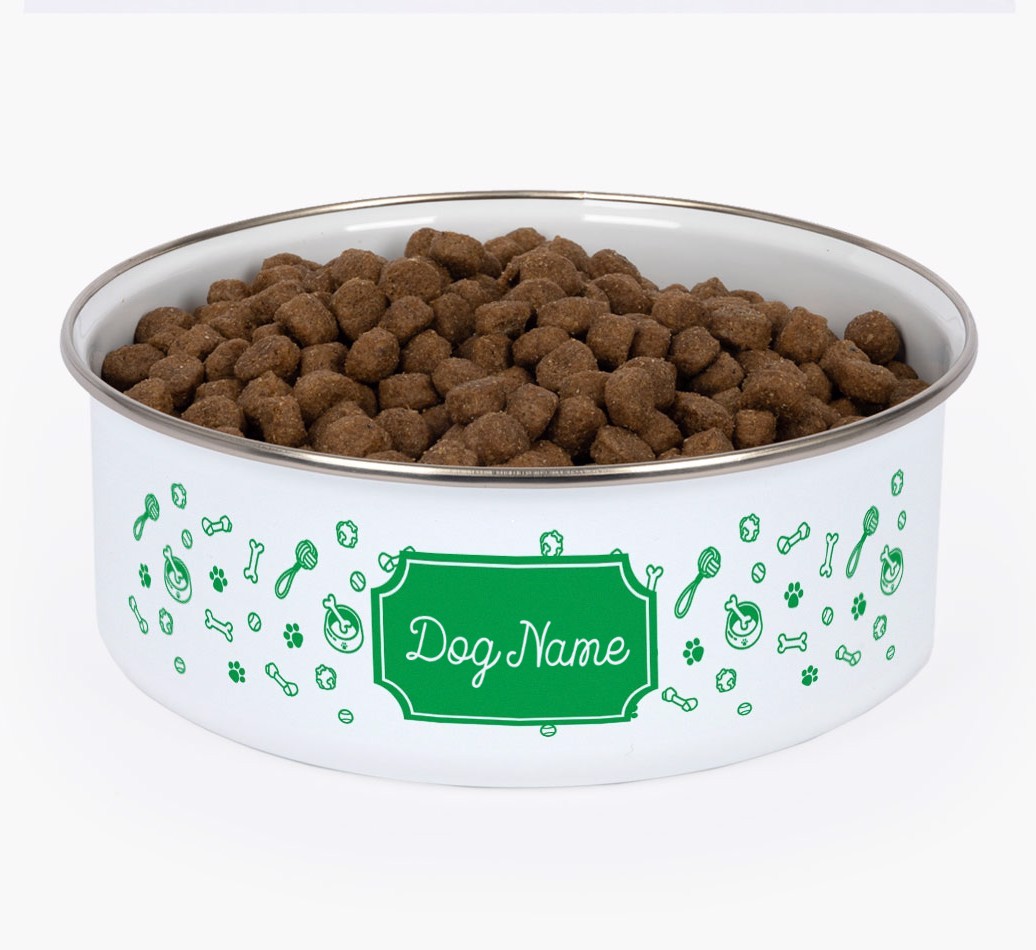 Name Badge And Pattern: Personalised {breedFullName} Enamel Dog Bowl