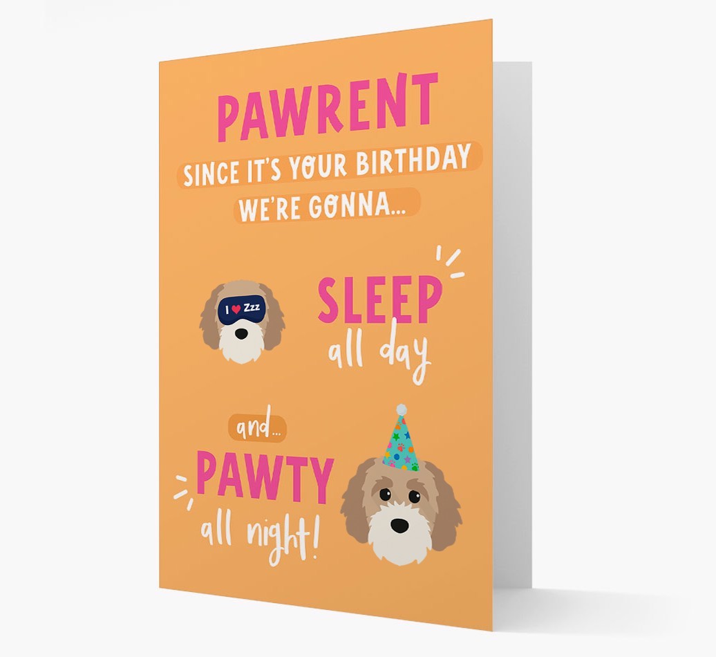 Sleep All Day, Pawty All Night: Personalized Card with {breedFullName} Icon