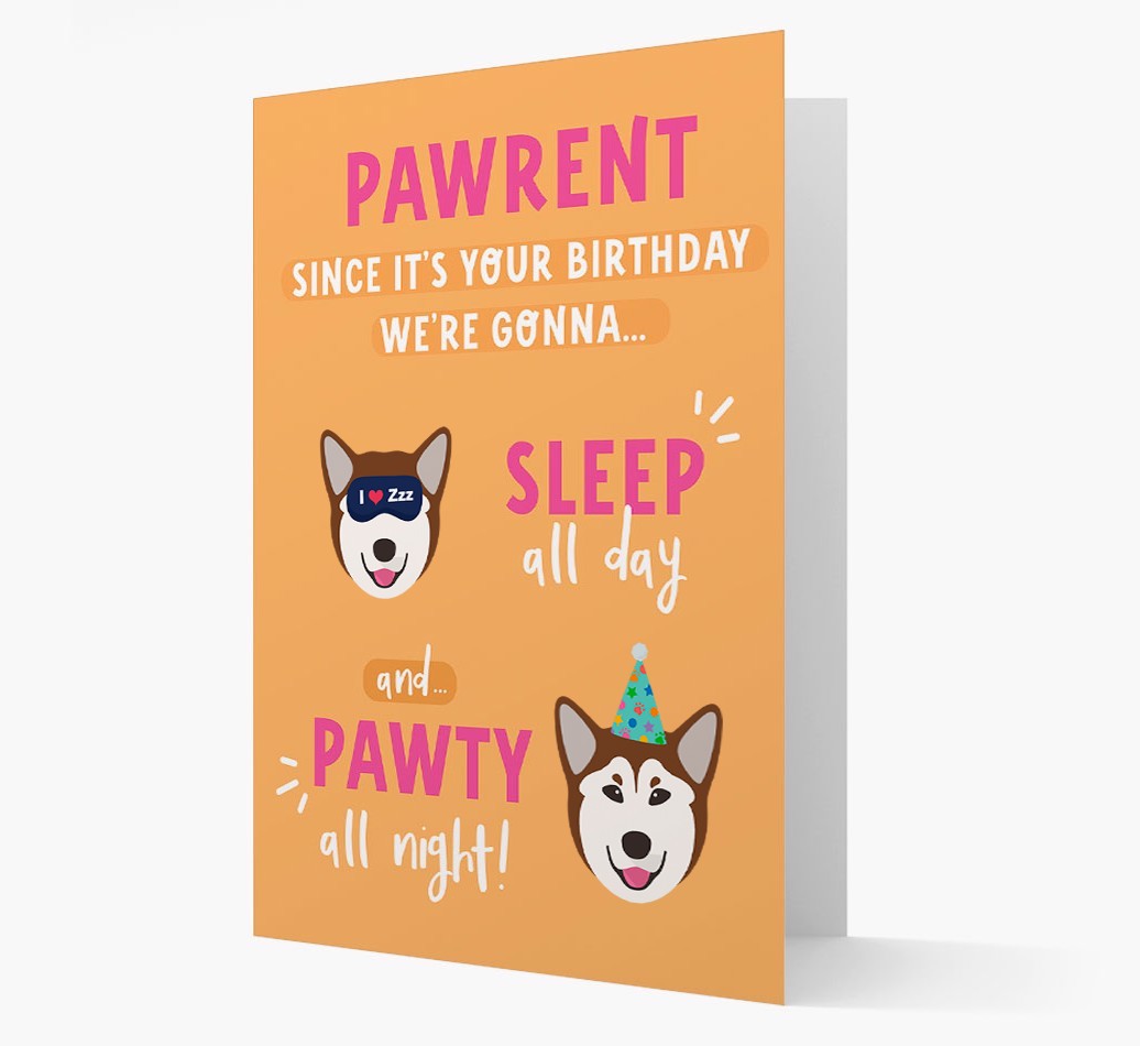 Sleep All Day, Pawty All Night: Personalized Card with {breedFullName} Icon