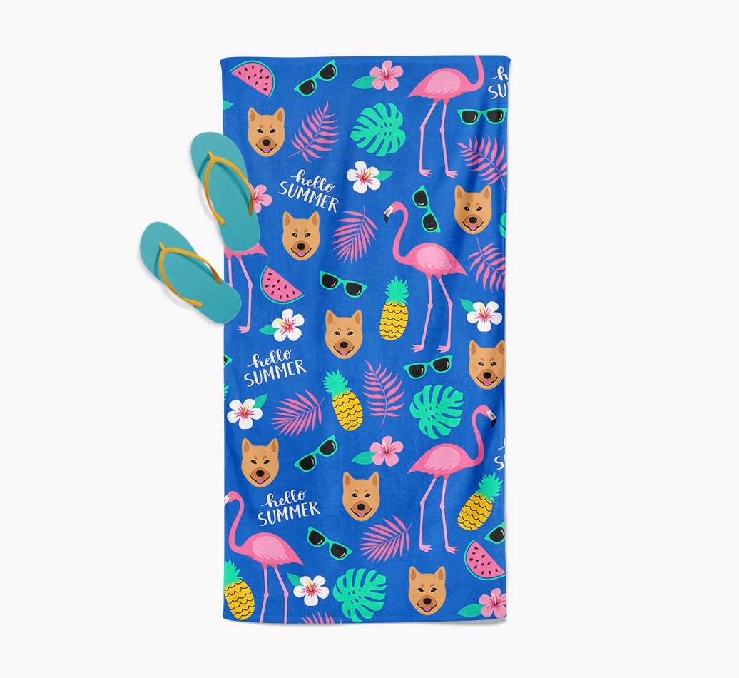 Summer Flamingo and {breedFullName} Icon Pattern Pool Towel